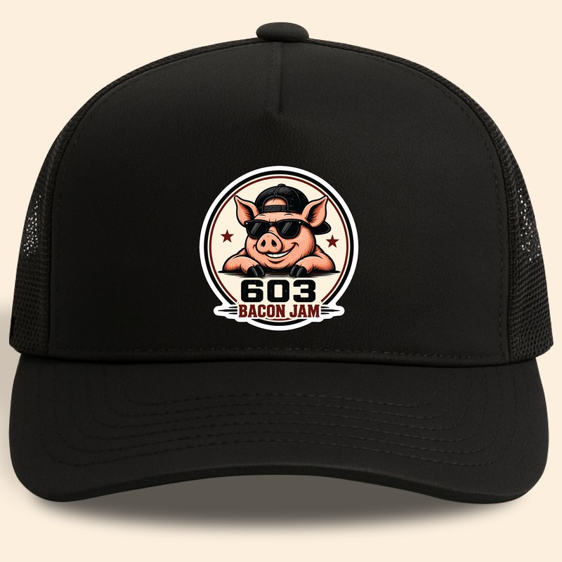603 Bacon Jam black trucker hat with pig logo patch