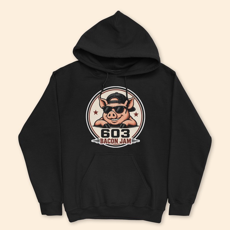 603 Bacon Jam black hoodie with pig logo