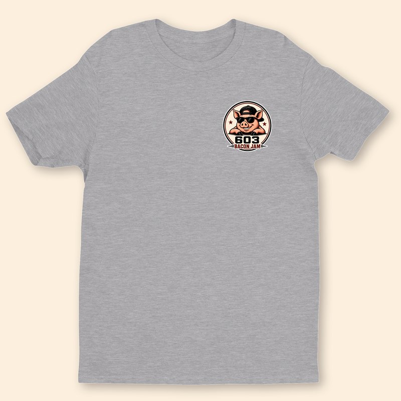 603 Bacon Jam gray t-shirt with pig logo